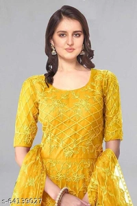 Embroidered Net Semi Stitched Anarkali Gown  (Peach) - yellow, Free Size