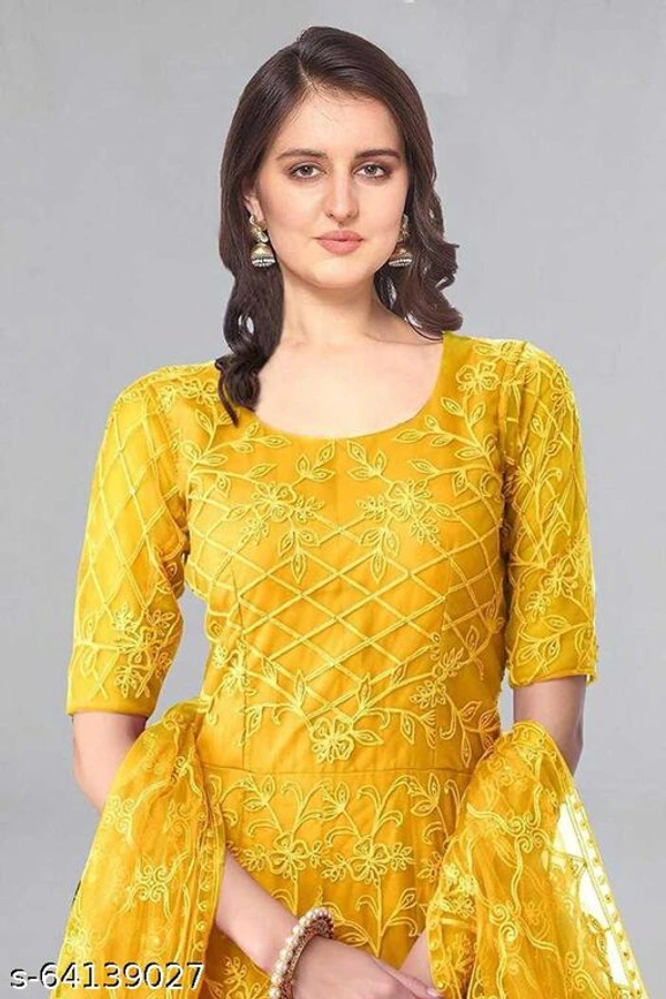Embroidered Net Semi Stitched Anarkali Gown  (Peach) - yellow, Free Size