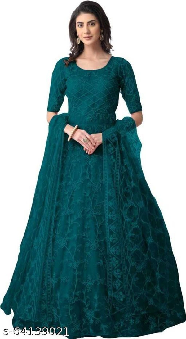 Embroidered Net Semi Stitched Anarkali Gown  (Peach) - Blue, Free Size