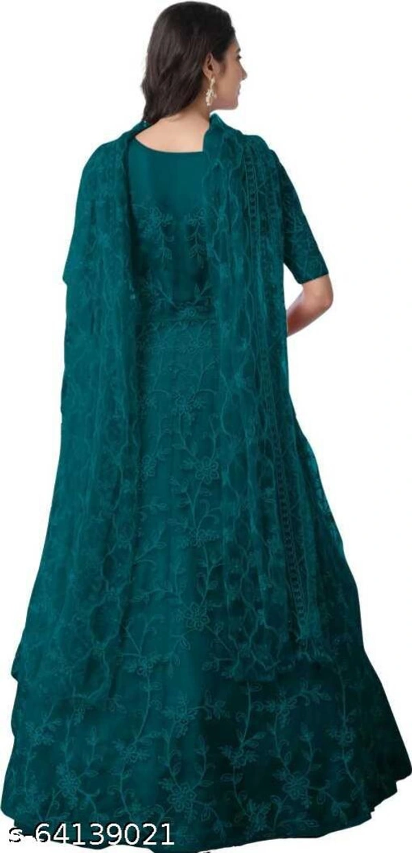 Embroidered Net Semi Stitched Anarkali Gown  (Peach) - Blue, Free Size
