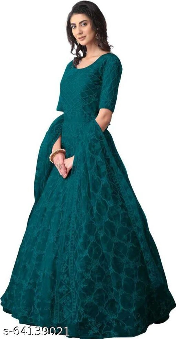 Embroidered Net Semi Stitched Anarkali Gown  (Peach) - Blue, Free Size