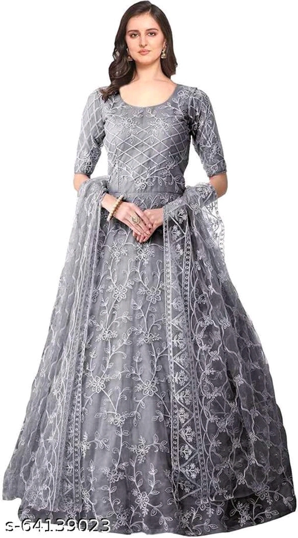 Embroidered Net Semi Stitched Anarkali Gown  (Peach) - Grey, Free Size