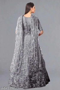 Embroidered Net Semi Stitched Anarkali Gown  (Peach) - Grey, Free Size