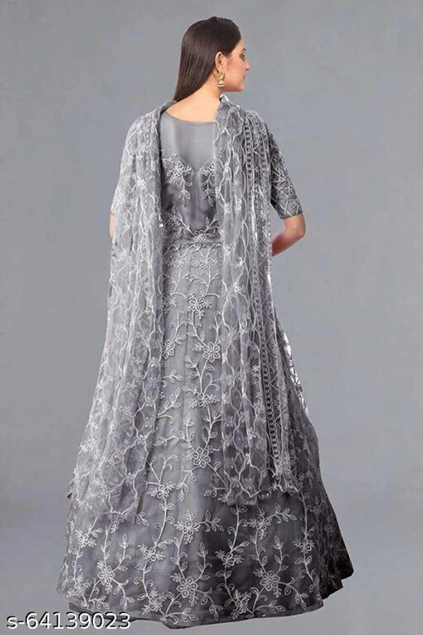 Embroidered Net Semi Stitched Anarkali Gown  (Peach) - Grey, Free Size