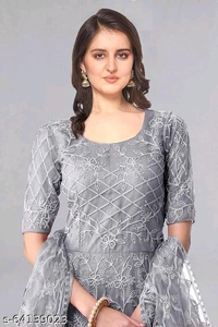 Embroidered Net Semi Stitched Anarkali Gown  (Peach) - Grey, Free Size