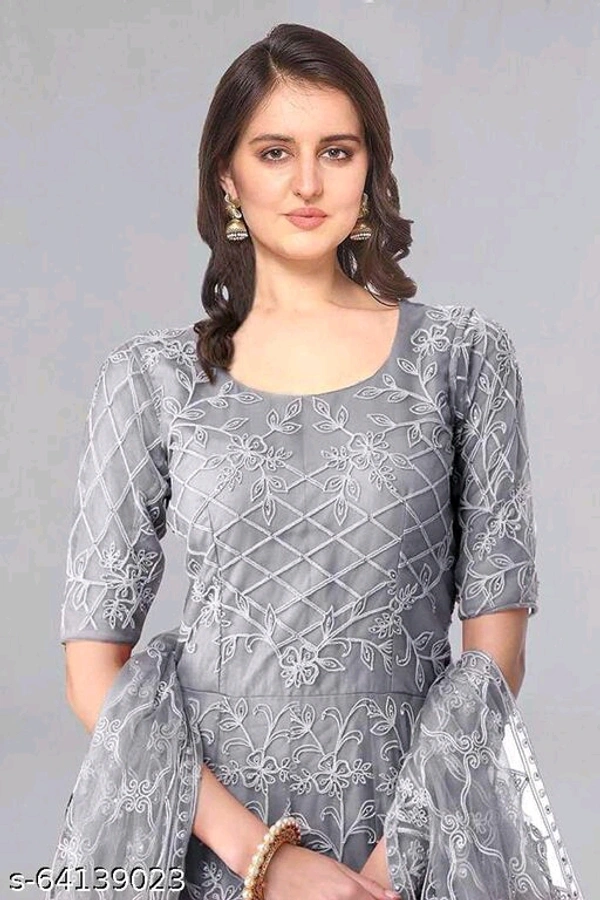 Embroidered Net Semi Stitched Anarkali Gown  (Peach) - Grey, Free Size