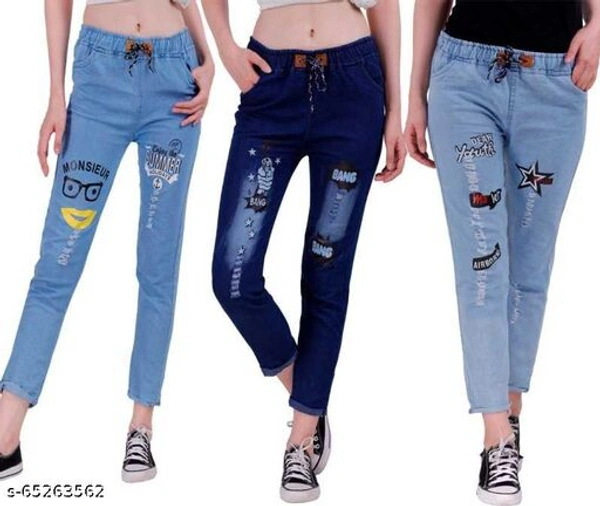 Women's Denim Jeans Elastic Waist Drawstring Stretch Side Pockets Summer Light Bang Dark And Star Light  Casual Blue Jeans Combo Pack Of 3 - Blue, 28
