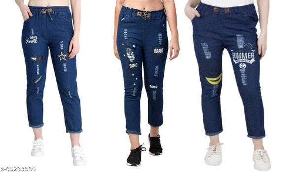 Women's Denim Jeans Elastic Waist Drawstring Stretch Side Pockets Summer Light Bang Dark And Star Light  Casual Blue Jeans Combo Pack Of 3 - Nevy Blue, 26