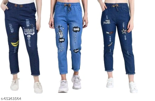 Women's Denim Jeans Elastic Waist Drawstring Stretch Side Pockets Star Dark Bang Dark and Star Light Blue Jogger Pack Of 3 - Blue, 26