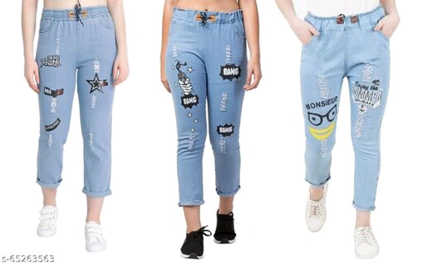 Women's Denim Jeans Elastic Waist Drawstring Stretch Side Pockets Summer Dark Bang Light And Star Dark Casual Blue Jeans Combo Pack Of 3 - Blue, 28