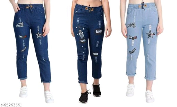 Women's Denim Jeans Elastic Waist Drawstring Stretch Side Pockets Star Light Bang Light Summer Light Blue Jogger Pack Of 3 - Light Blue, 26