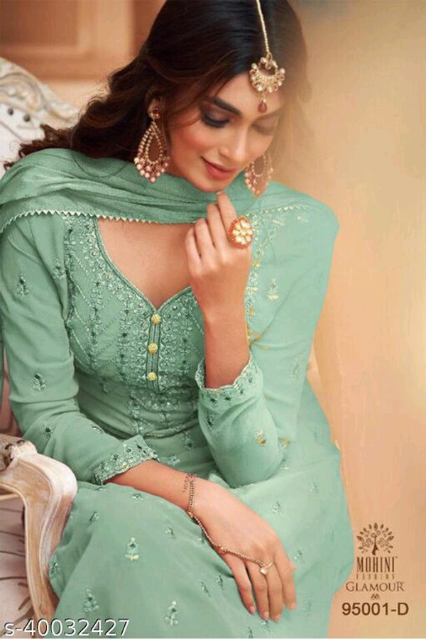 Shafnufab Designer Party Anarkali Salwar Suit - Semi Stitched, Pine