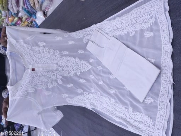 Women's Chiffon Pink Chikankari A-line Kurti With Inner - White, XXL