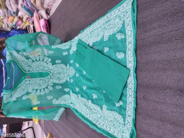 Women's Chikankari White Chiffon Kurti - Aqua, XL