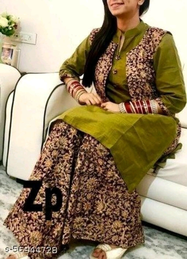 KALAMKARI KOTI KURTI PALAZZO SET - Mehndi Colour, M