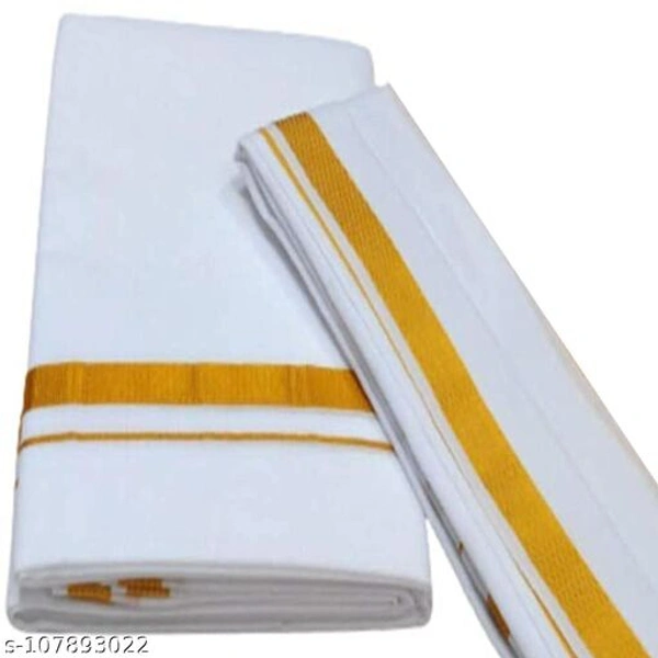 SHARABANI Men's Traditional White Cotton Free Size Dhoti/Lunge with Big Gold Border with 1-Angvastram Towel - Free Size