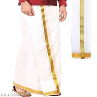 SHARABANI Men's Traditional White Cotton Free Size Dhoti/Lunge with Big Gold Border with 1-Angvastram Towel - Free Size