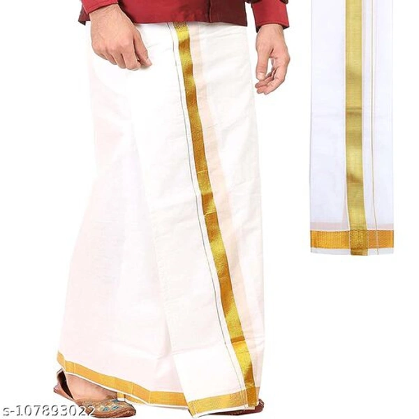 SHARABANI Men's Traditional White Cotton Free Size Dhoti/Lunge with Big Gold Border with 1-Angvastram Towel - Free Size