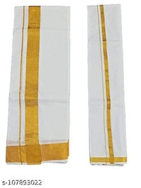 SHARABANI Men's Traditional White Cotton Free Size Dhoti/Lunge with Big Gold Border with 1-Angvastram Towel - Free Size