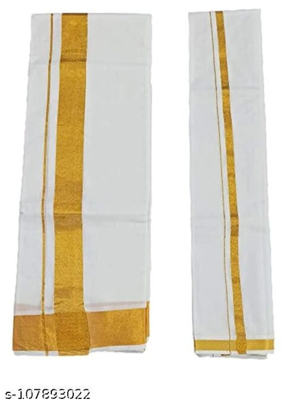 SHARABANI Men's Traditional White Cotton Free Size Dhoti/Lunge with Big Gold Border with 1-Angvastram Towel - Free Size
