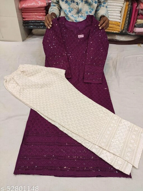 Chikankari Kurta with PlazoN - Dark Magenta, XL