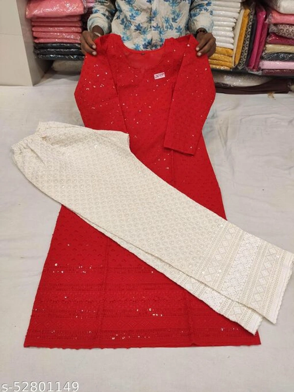 Chikankari Kurta with PlazoN - Red, XL