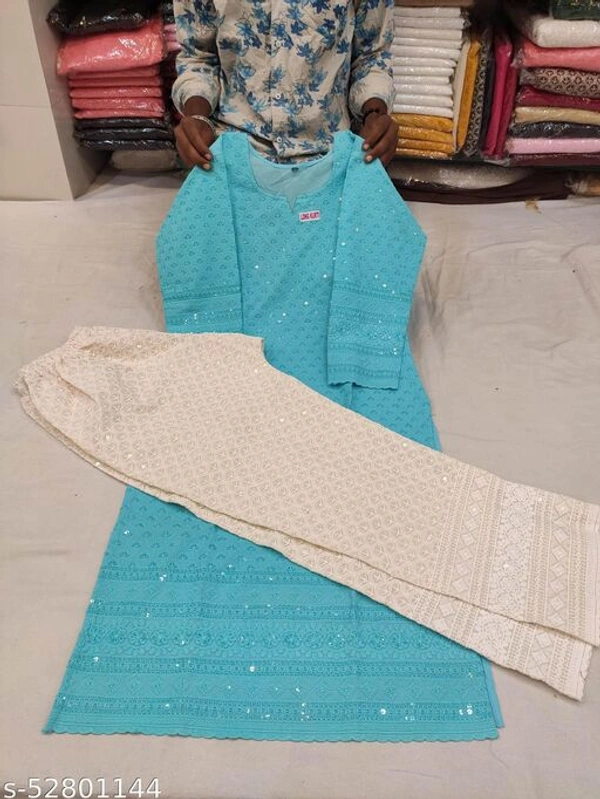 Chikankari Kurta with PlazoN - Aqua, XXL