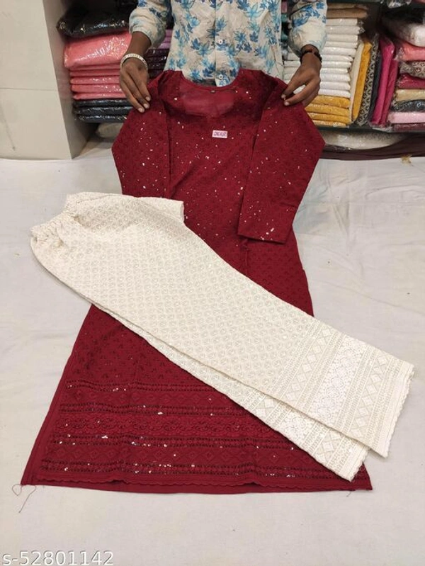 Chikankari Kurta with Plazo - Maroon, L