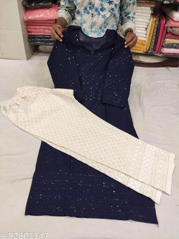 Chikankari Kurta with Plazo - Nevy Blue, XL
