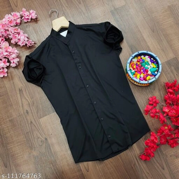 Lycra fabric plain half sleev shirt - Black, L