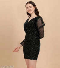 Women's Green Lycra Stitched Dress - Black, XXL