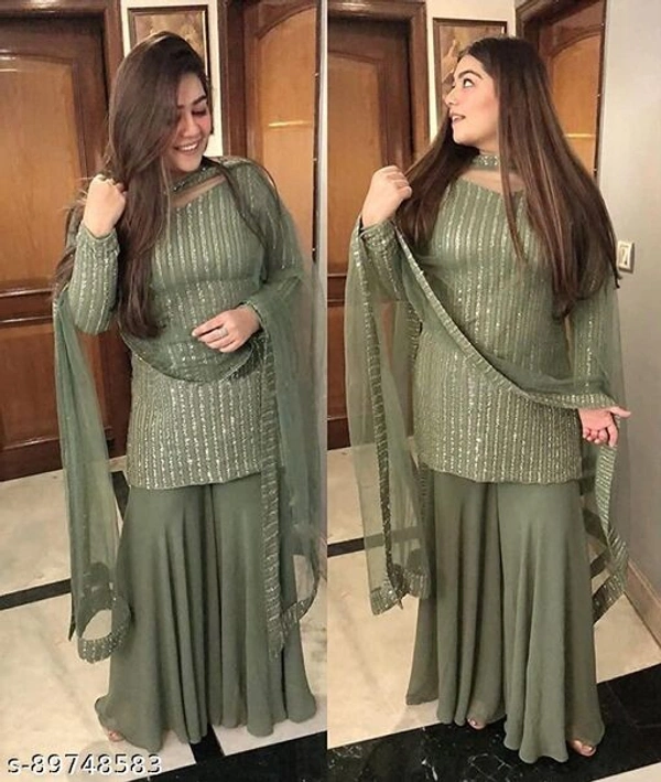 WOMEN'S NEW LOOK GREEN FOX GEORGETTE SEQANCE  WORK SHARARA SUIT  - Menhdi Colour, Semi Stitched