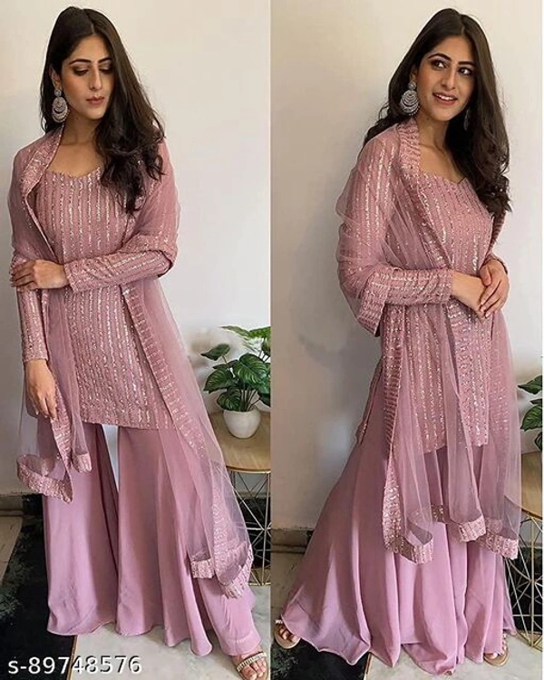 WOMEN'S NEW LOOK GREEN FOX GEORGETTE SEQANCE  WORK SHARARA SUIT  - Light Pink, Semi Stitched