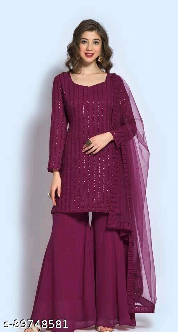WOMEN'S NEW LOOK GREEN FOX GEORGETTE SEQANCE  WORK SHARARA SUIT  - Dark Pink, Semi Stitched