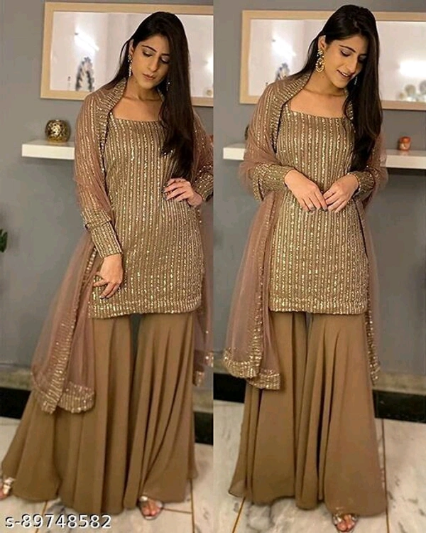 WOMEN'S NEW LOOK GREEN FOX GEORGETTE SEQANCE  WORK SHARARA SUIT  - Golden, Semi Stitched