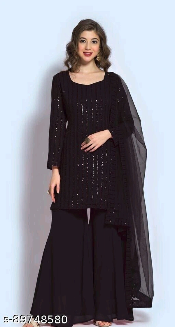 WOMEN'S NEW LOOK GREEN FOX GEORGETTE SEQANCE  WORK SHARARA SUIT  - Black, Semi Stitched