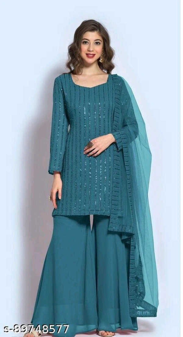 WOMEN'S NEW LOOK GREEN FOX GEORGETTE SEQANCE  WORK SHARARA SUIT  - Aqua, Semi Stitched