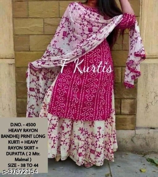 Heavy Rayon Bhandej kurti with Skirt and dupatta (Dark Pink Bhandej) - Pink, M