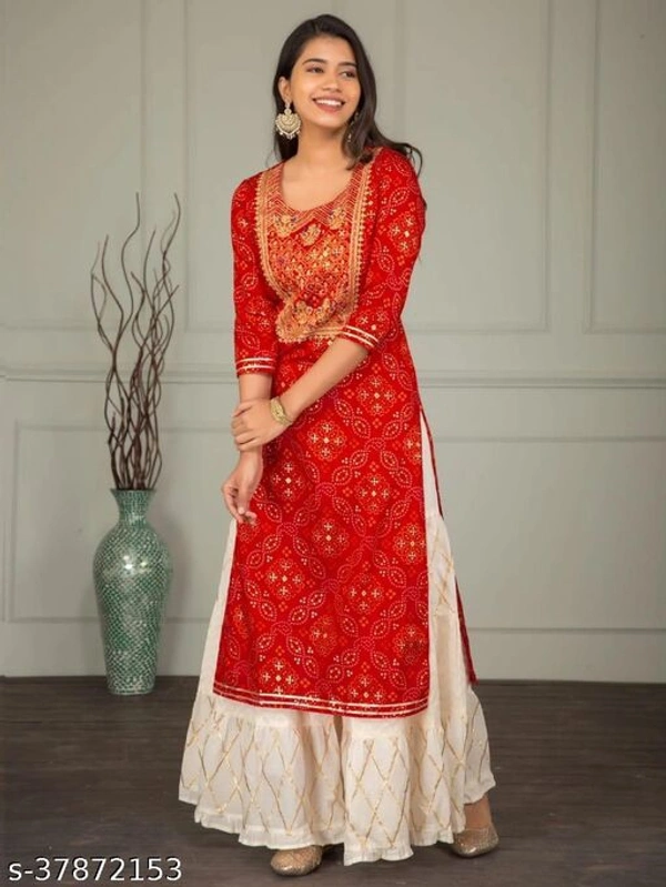 Rayon Straight Kurta with Sharara (Red Bhandej) - Red, L