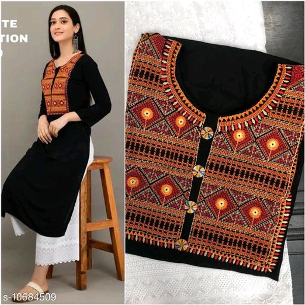 Women Rayon A-line Embroidered Long Kurti With Palazzos - Black, XXL