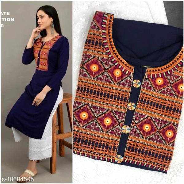 Women Rayon A-line Embroidered Long Kurti With Palazzos - Nevy Blue, M