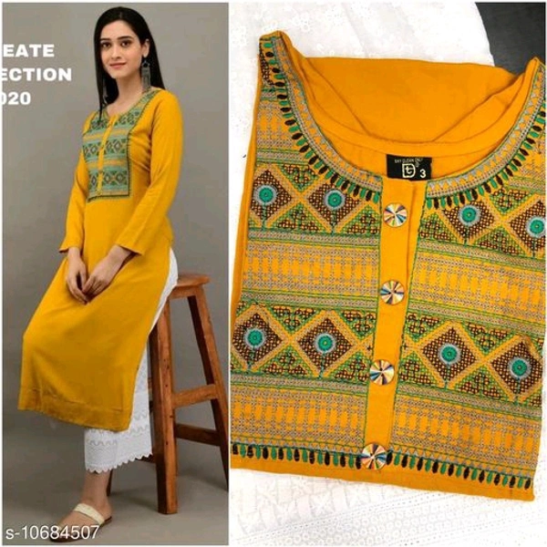 Women Rayon A-line Embroidered Long Kurti With Palazzo - Yellow, XXL