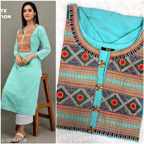 Women Rayon A-line Embroidered Long Kurti With Palazzos - Light Blue, M