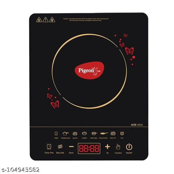 Pigeon Acer Plus 1800-Watt Induction Cooktop with 7 Indian cooking menus for easy to use and Feather touch button for long lasting, Suitable for Roti/Dosa, Deep fry/Saute, Pressure cook, Boil milk, Curry, Idli, 1 year warranty,   (Black, Feather Touch Button) - Free Size