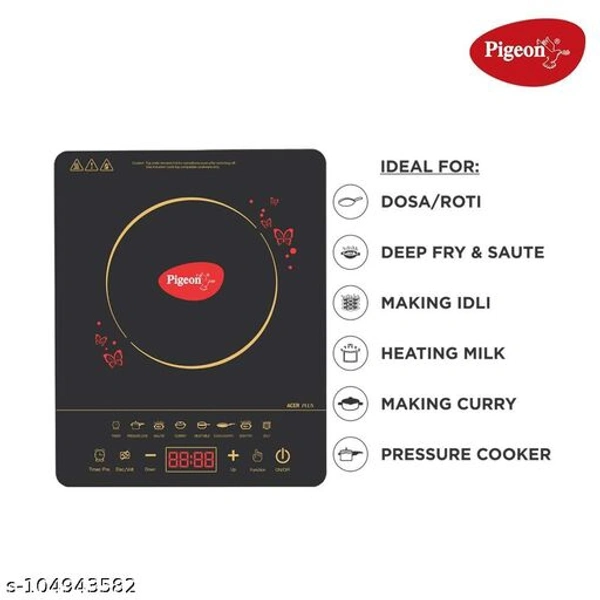Pigeon Acer Plus 1800-Watt Induction Cooktop with 7 Indian cooking menus for easy to use and Feather touch button for long lasting, Suitable for Roti/Dosa, Deep fry/Saute, Pressure cook, Boil milk, Curry, Idli, 1 year warranty,   (Black, Feather Touch Button) - Free Size