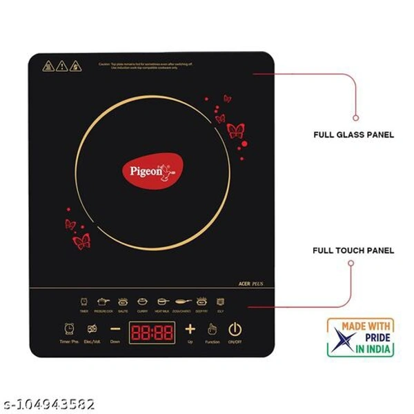 Pigeon Acer Plus 1800-Watt Induction Cooktop with 7 Indian cooking menus for easy to use and Feather touch button for long lasting, Suitable for Roti/Dosa, Deep fry/Saute, Pressure cook, Boil milk, Curry, Idli, 1 year warranty,   (Black, Feather Touch Button) - Free Size