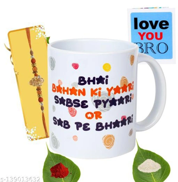Kraftales Raksha Bandhan Gift Set Combo of Rakhi(Random Design||) Greeting Card | Printed Ceramic Coffee Mug | Roli | Chawal | Rakhi /Raksha Bandhan Gift Set for Brother (300 ML) (ST5) - Free Size
