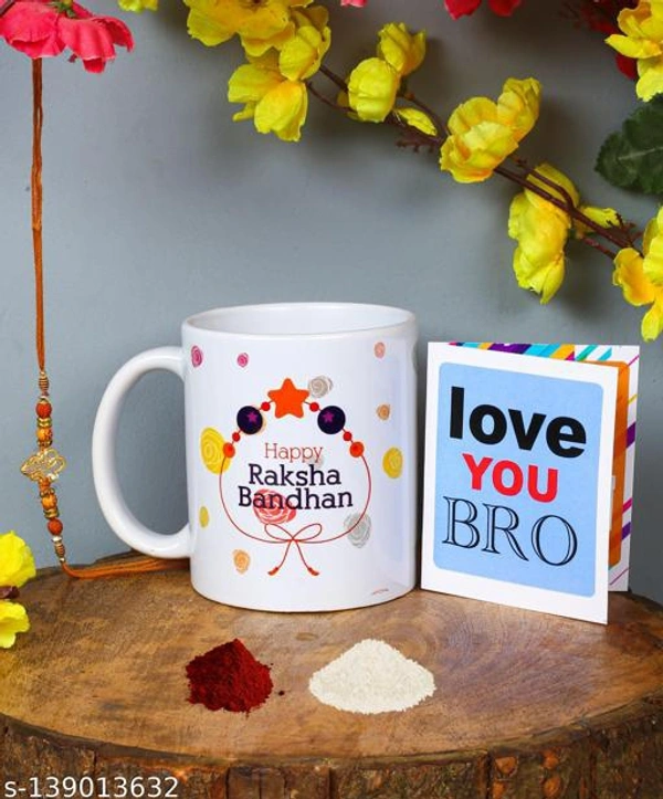 Kraftales Raksha Bandhan Gift Set Combo of Rakhi(Random Design||) Greeting Card | Printed Ceramic Coffee Mug | Roli | Chawal | Rakhi /Raksha Bandhan Gift Set for Brother (300 ML) (ST5) - Free Size