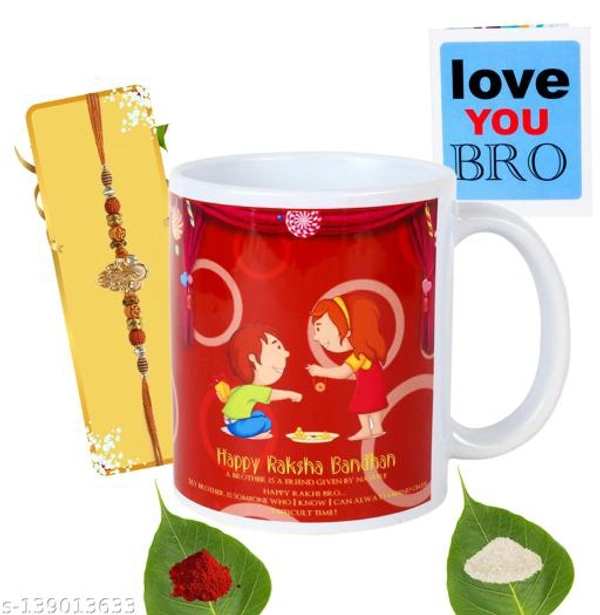 Kraftales Raksha Bandhan Gift Set Combo of Rakhi Greeting Card | Printed Ceramic Coffee Mug | Roli | Chawal | Rakhi /Raksha Bandhan Gift Set for Brother (300 ML) (ST2) - Free Size