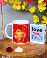 Kraftales Raksha Bandhan Gift Set Combo of Rakhi Greeting Card | Printed Ceramic Coffee Mug | Roli | Chawal | Rakhi /Raksha Bandhan Gift Set for Brother (300 ML) (ST2) - Free Size